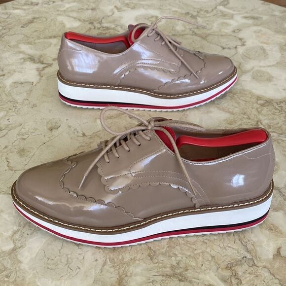 Zara Oxfords Tan Nude Patent Leather Red Heart Tongue Platform Wingtip Shoes - Picture 6 of 14